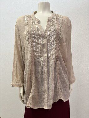Krazy Kat XL Beige Sequin Embellished Button Front Blouse 3/4 Sleeve